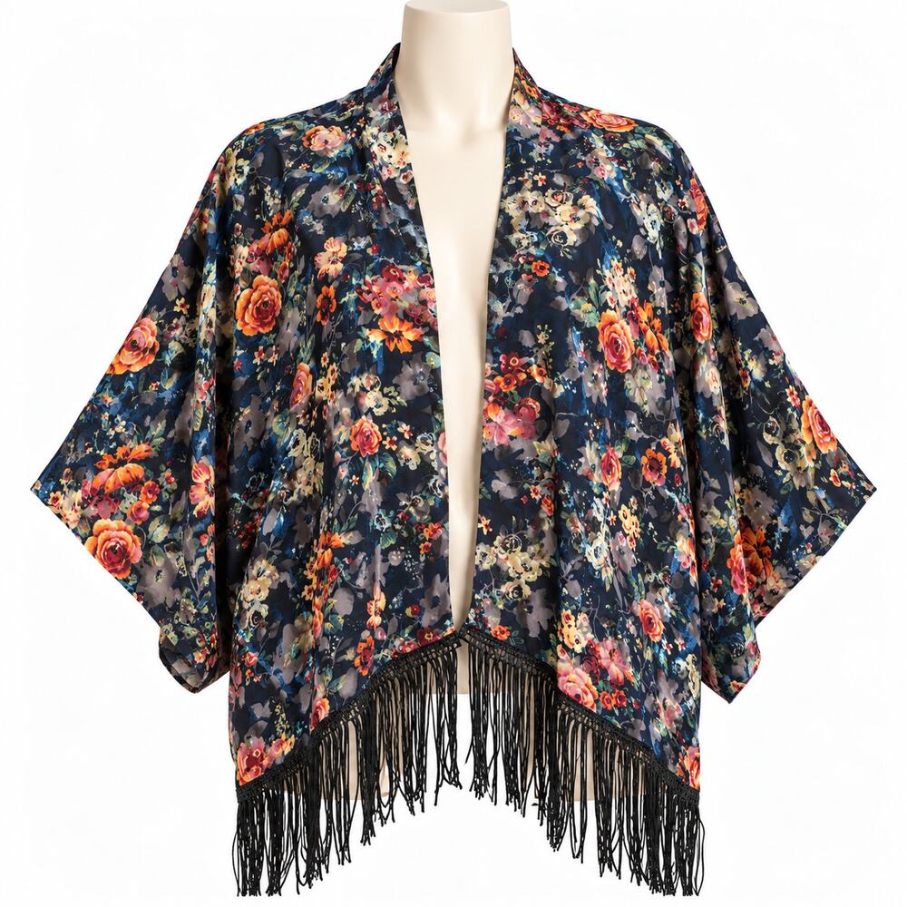 Mauve Floral Fringe Kimono Open Front Boho Topper Women's M